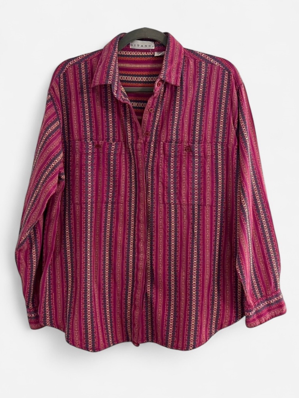 Vintage Gitano Aztec Embroidery Striped Pink Western Boho Button-Up Shirt